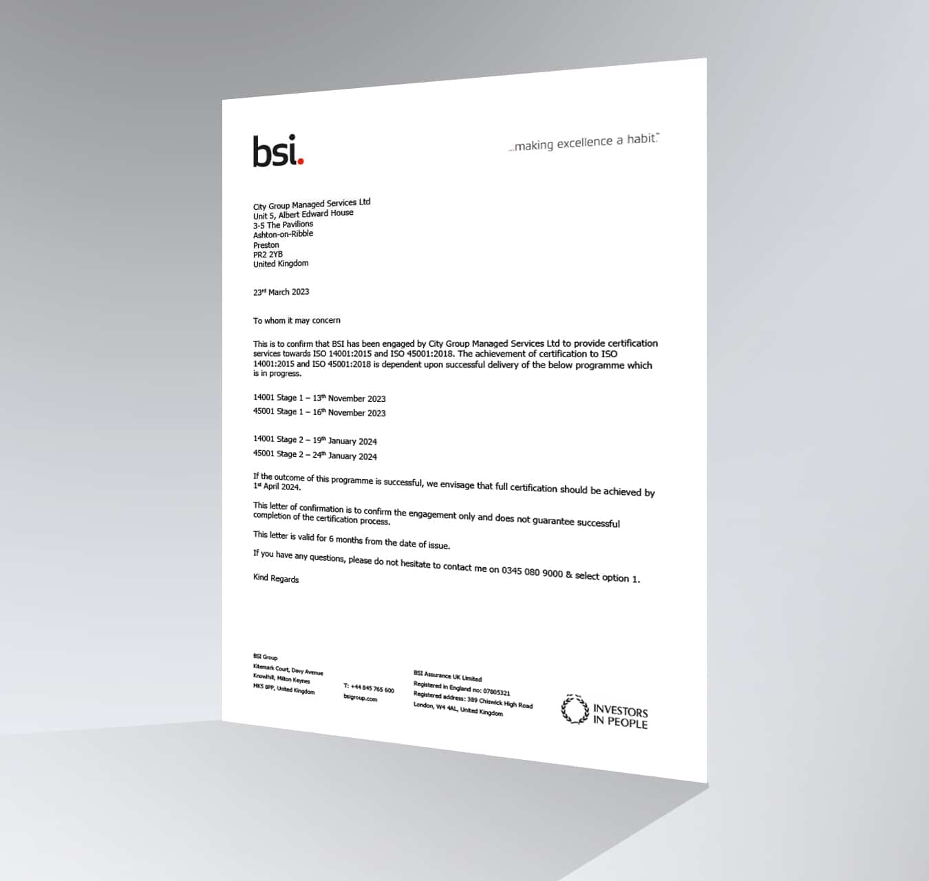 CityGroup engages BSI to provide certification towards ISO14001 and ISO45001